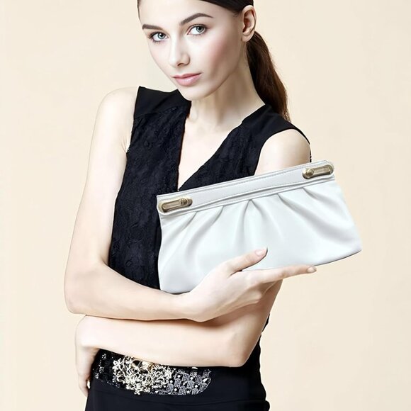 White Vegan Leather Clutch Purse with Telescoping Handle, Elegant Pleats, Detach - Picture 2 of 6